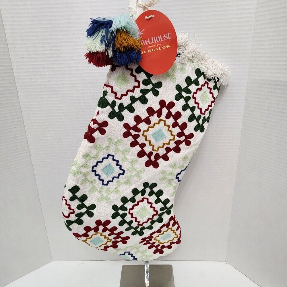 Opalhouse Jungalow Stocking 8"x20" Geometric Embroidered Tassels and Pompom Trim